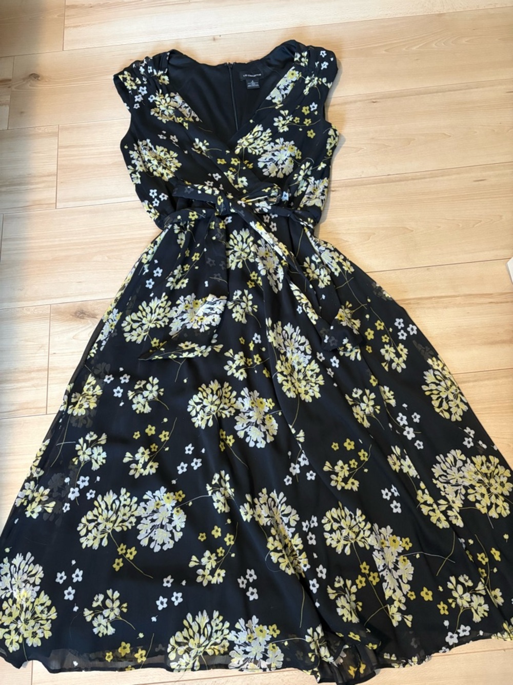 Liz Claiborne Black Midi Dress with Yellow & White Floral Print